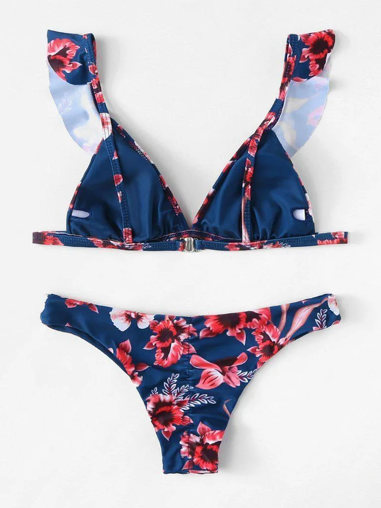 Flower Print Ruffle Bikini Set