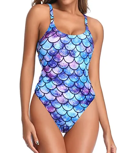 Front Low Neckline Sexy Lace Up Swimsuits For Women-Blue-Purple Mermaid Scales