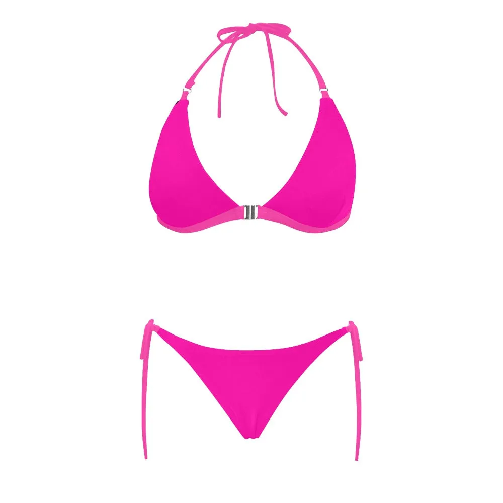 fuchsia solid print 6Q Buckle Front Halter Bikini Swimsuit (Model S08)