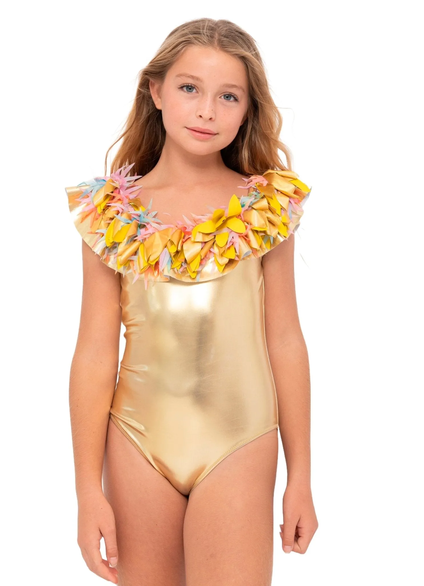 Girls Gold Swimsuit with Mixed Petals