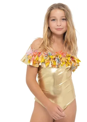 Girls Gold Swimsuit with Mixed Petals