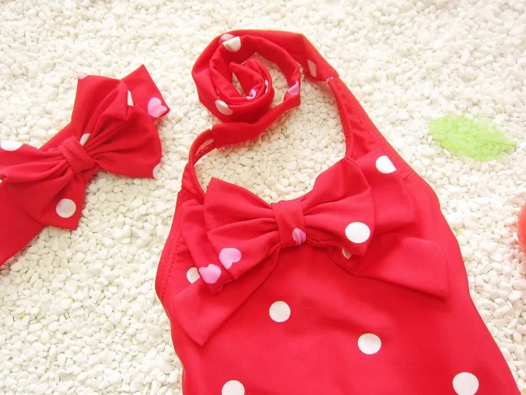 Girls Polka Dot Halter Swimsuits Bowknot