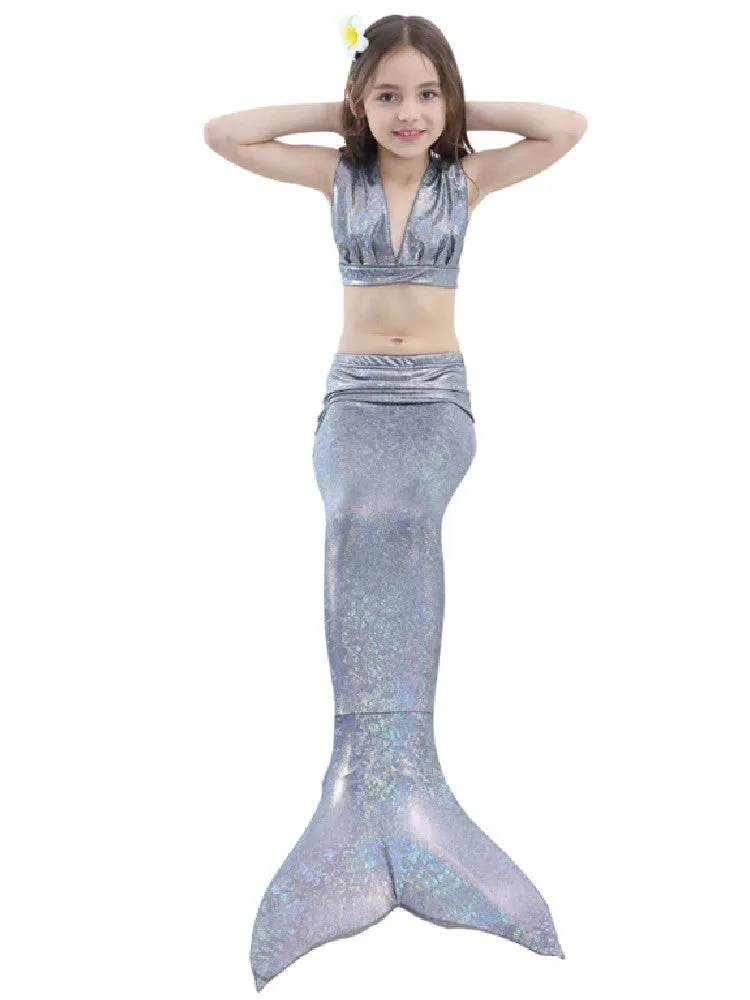 Girls Silver Shinny Mermaid Tail 3 Pieces Swimsuit Set 2-9