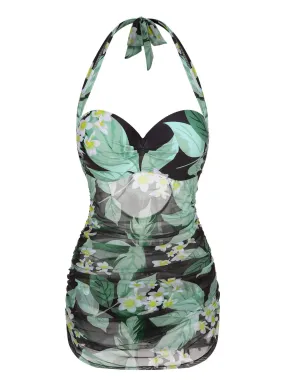 Green 1950s Plants Wrinkles Halter Swimsuit