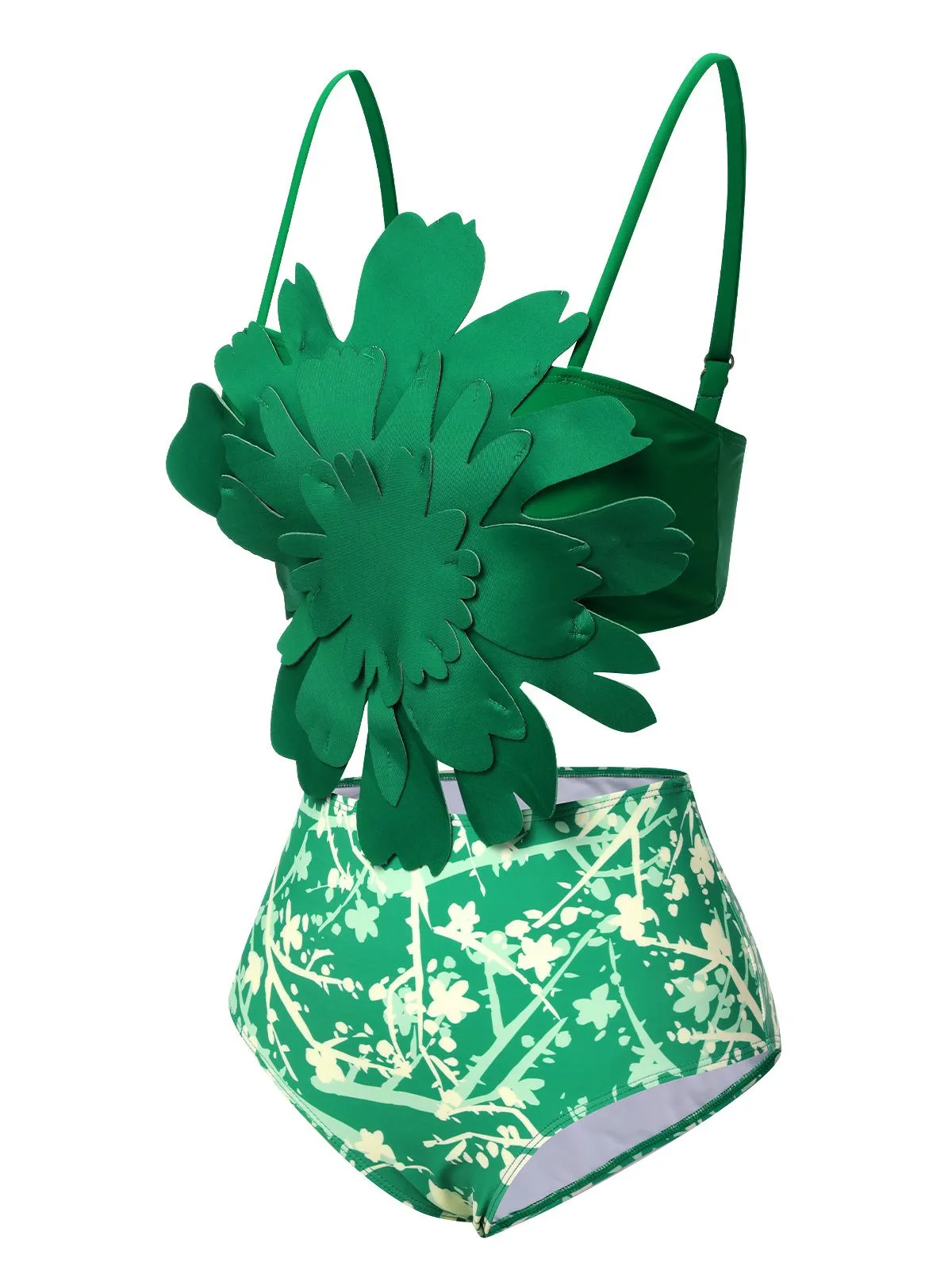 Green 1960S 3D Floral Strap Swimsuit
