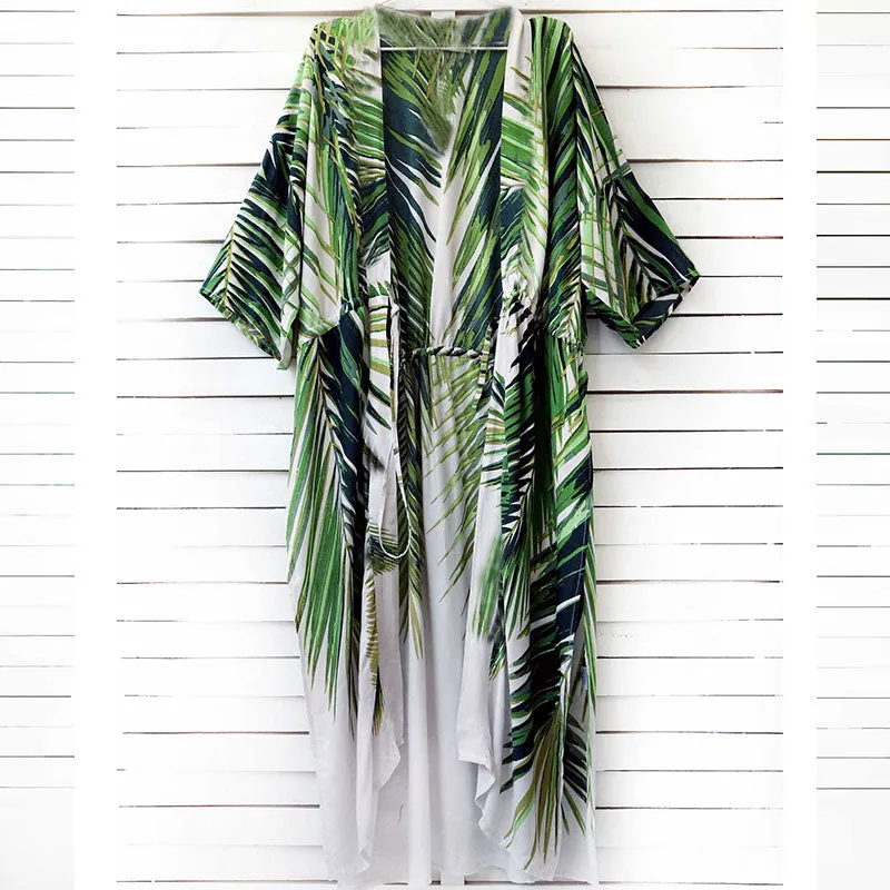 Green Leaf Print Long Beach Kimono Robe #Kimono #Printed