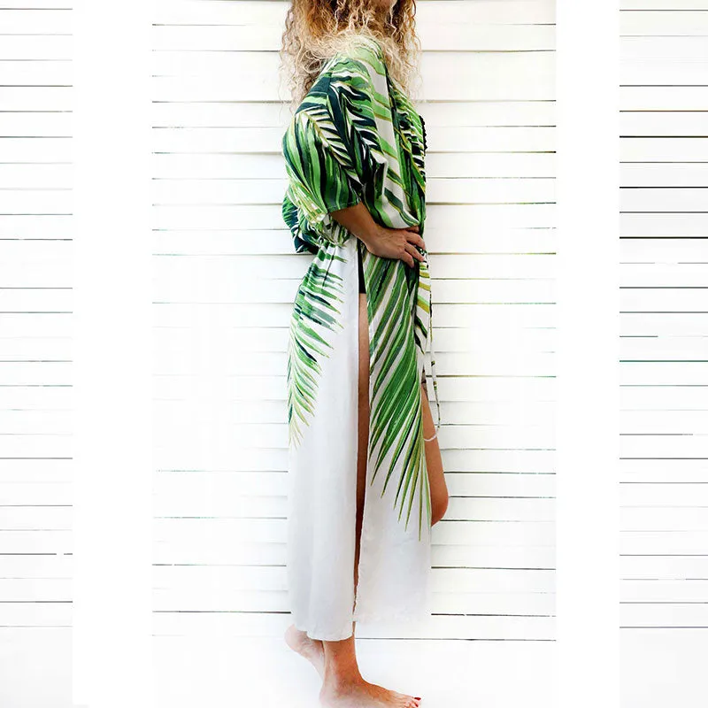 Green Leaf Print Long Beach Kimono Robe #Kimono #Printed