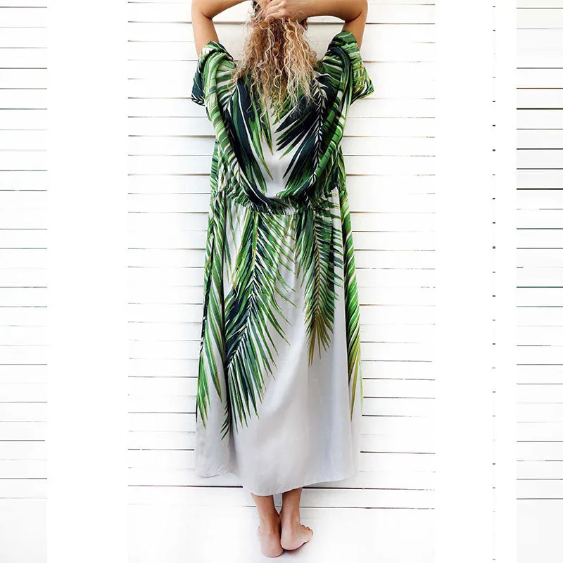 Green Leaf Print Long Beach Kimono Robe #Kimono #Printed