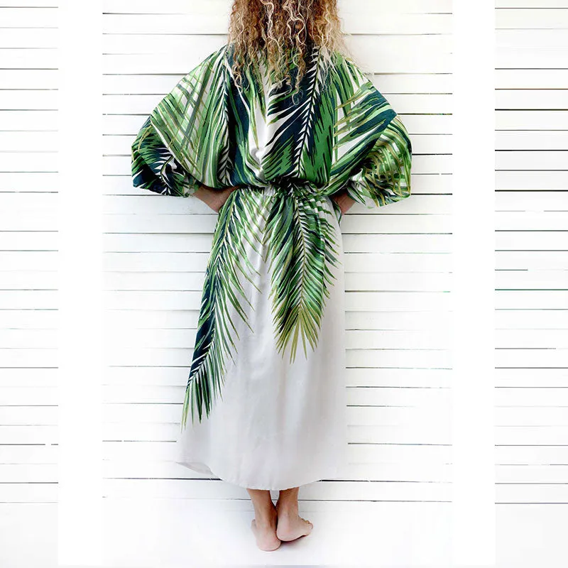 Green Leaf Print Long Beach Kimono Robe #Kimono #Printed