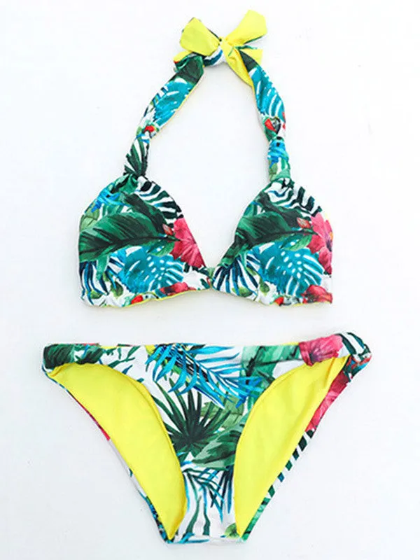 Green Tropical Printed  Halter Triangle Bikini Set