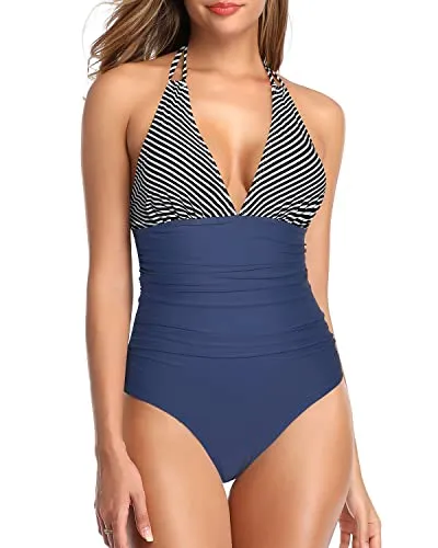 Halter V Neck Women One Piece Swimsuit Tummy Control Bathing Suit-Blue Stripes