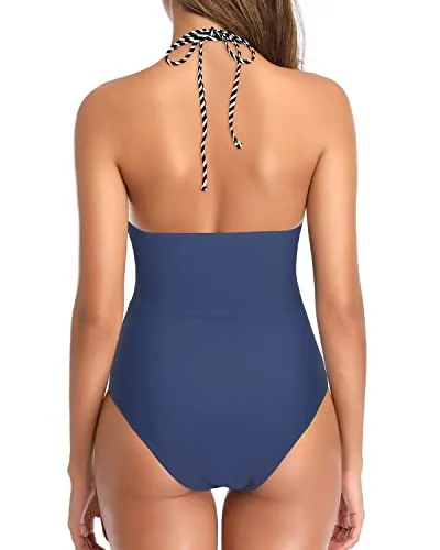 Halter V Neck Women One Piece Swimsuit Tummy Control Bathing Suit-Blue Stripes