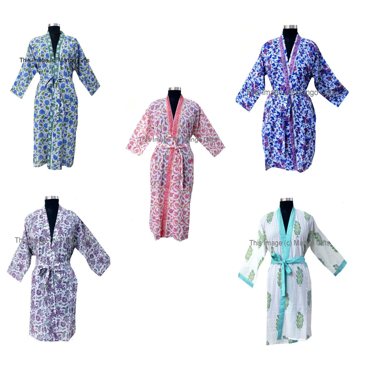 Hand Block Print 100%Cotton Kimono Bathrobe Women Floral Dress Wholesale Lot