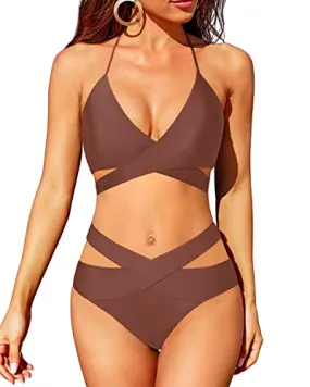 High Leg Two Piece Swimsuit Push Up Criss Cross Bathing Suit-Brown