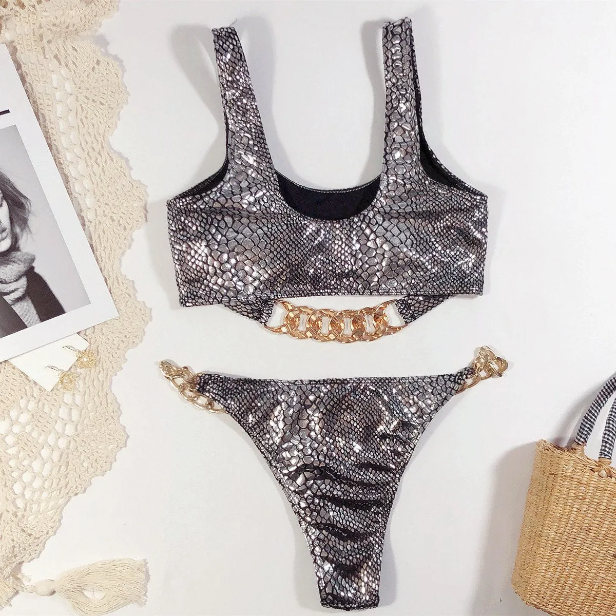 Hot Plain Sequin Chain Mid Rise Thong Bottom Bikinis