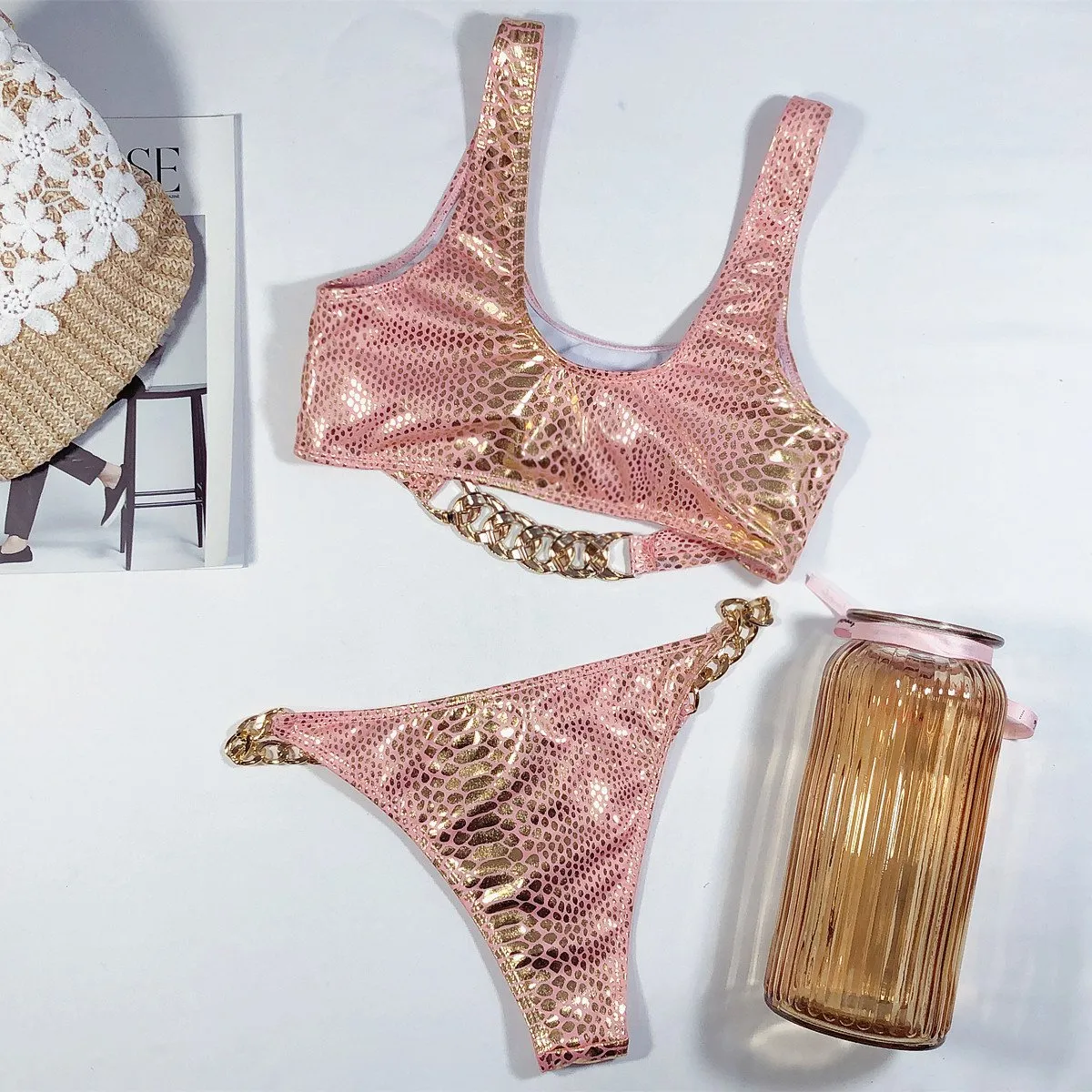 Hot Plain Sequin Chain Mid Rise Thong Bottom Bikinis