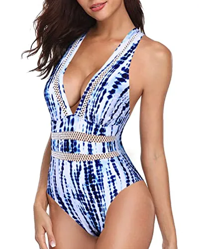 Long Torso Contouring One Piece Swimsuits Bathing Suit-Blue Tie Dye