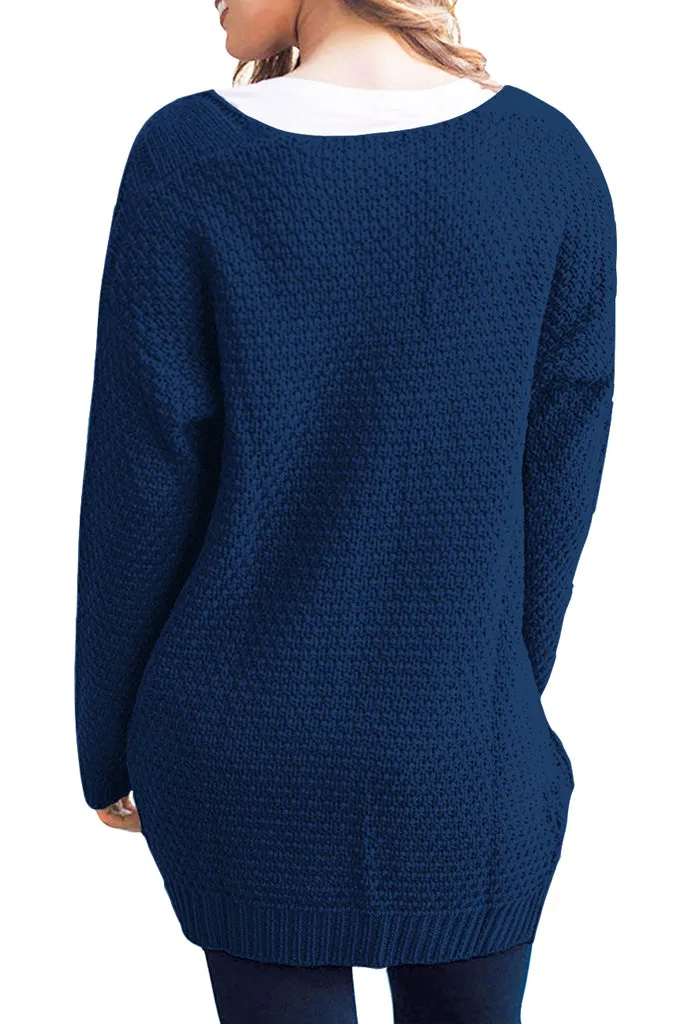 Loose Open Front Long Sleeve Solid Color Knit Cardigans Sweater Blouses with Pockets Navy Blue