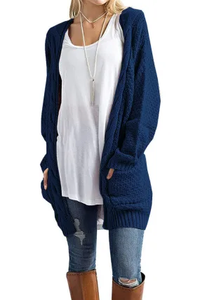 Loose Open Front Long Sleeve Solid Color Knit Cardigans Sweater Blouses with Pockets Navy Blue