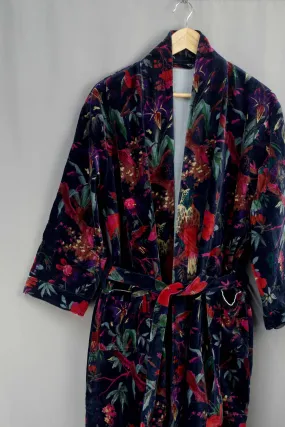 Luxury Navy Blue Bird Tropical Velvet Kimono Boho Robe With Lining.