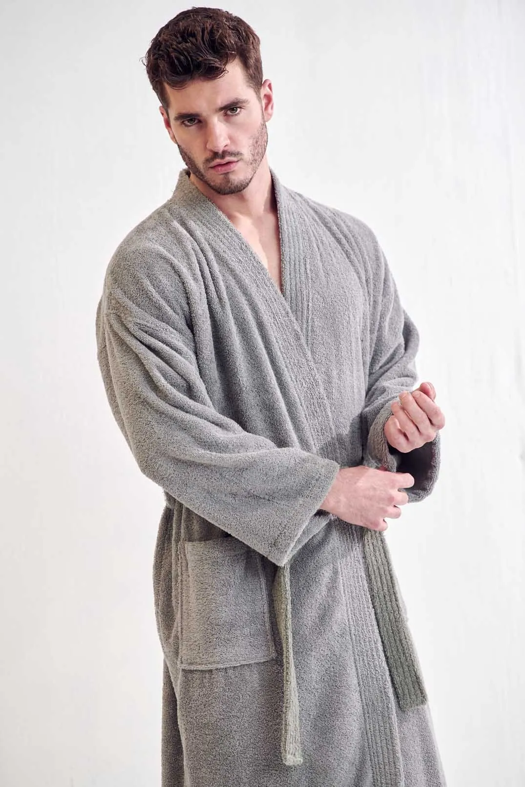 Men's Terry cloth Cotton Turkish Bathrobe, Kimono Style, Luxury & Comfort, Soft & Breathable,  (Gray)