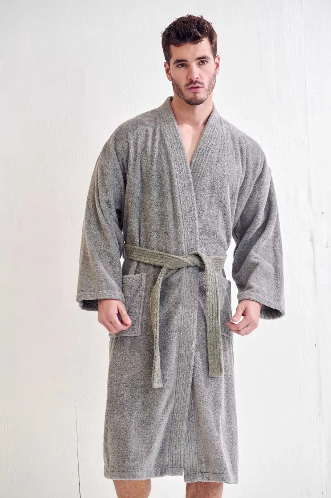 Men's Terry cloth Cotton Turkish Bathrobe, Kimono Style, Luxury & Comfort, Soft & Breathable,  (Gray)