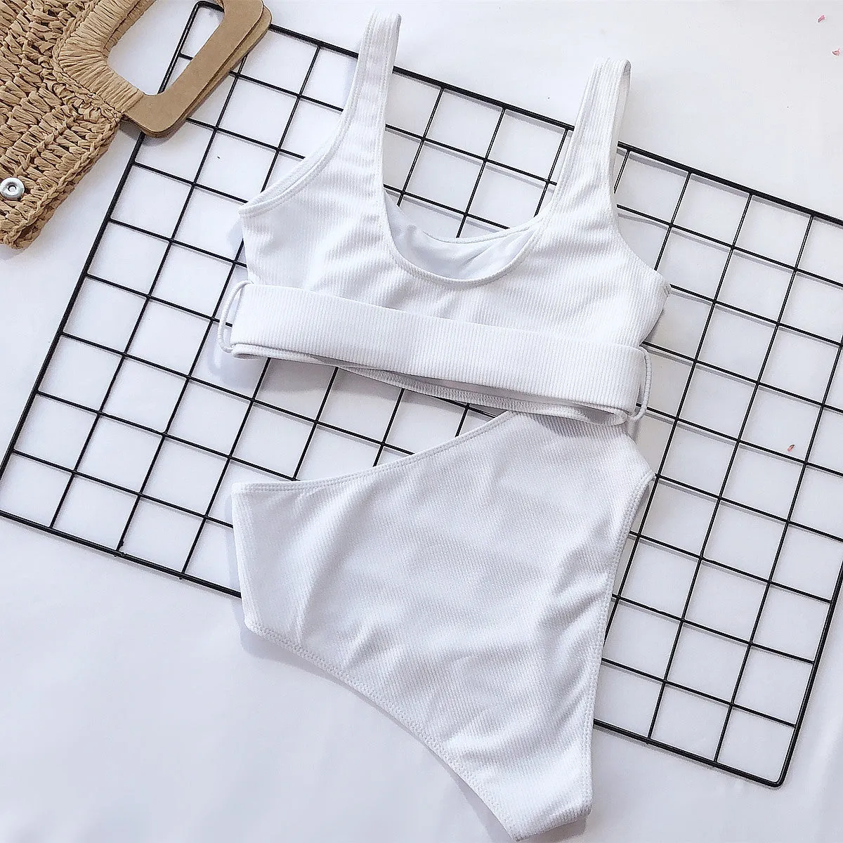 Modest Plain Buckles High Rise Triangle Bikinis