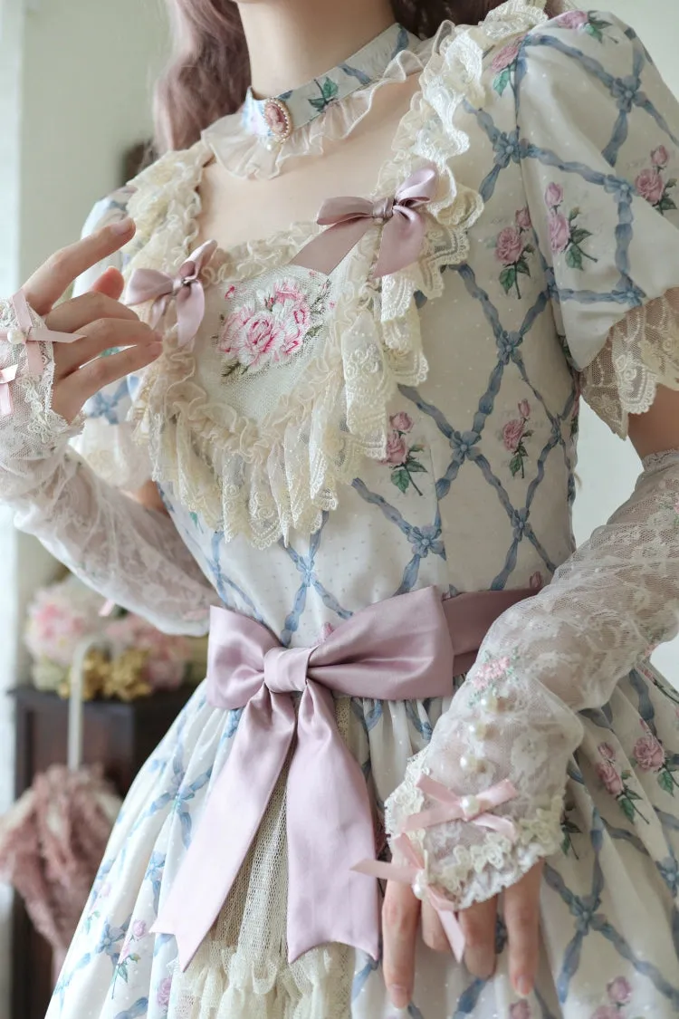 Moon River~Elegant Lolita OP Dress Short Sleeve Square Neckline Print Dress