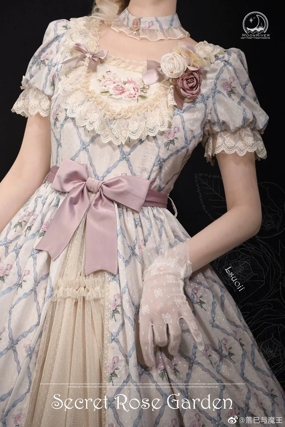 Moon River~Elegant Lolita OP Dress Short Sleeve Square Neckline Print Dress