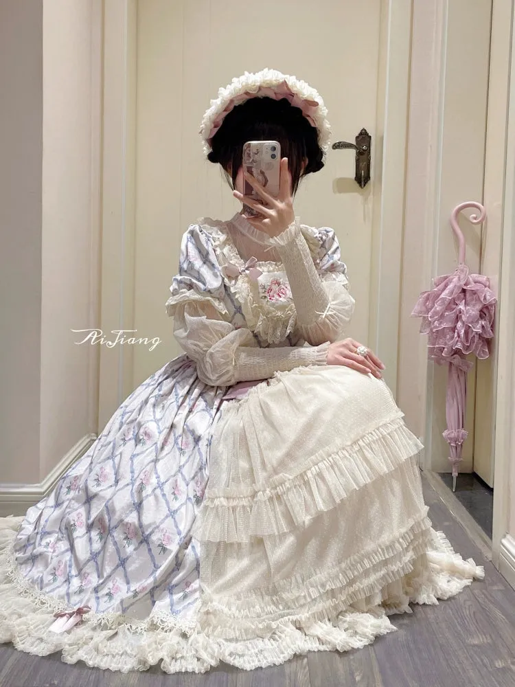 Moon River~Elegant Lolita OP Dress Short Sleeve Square Neckline Print Dress