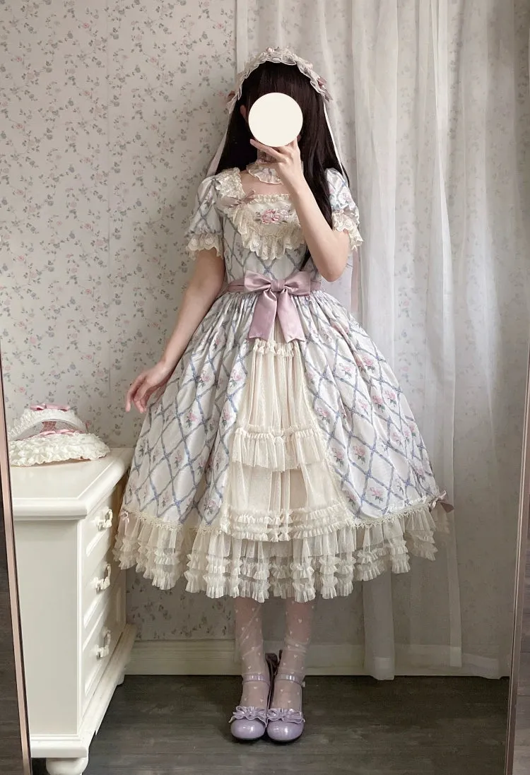 Moon River~Elegant Lolita OP Dress Short Sleeve Square Neckline Print Dress