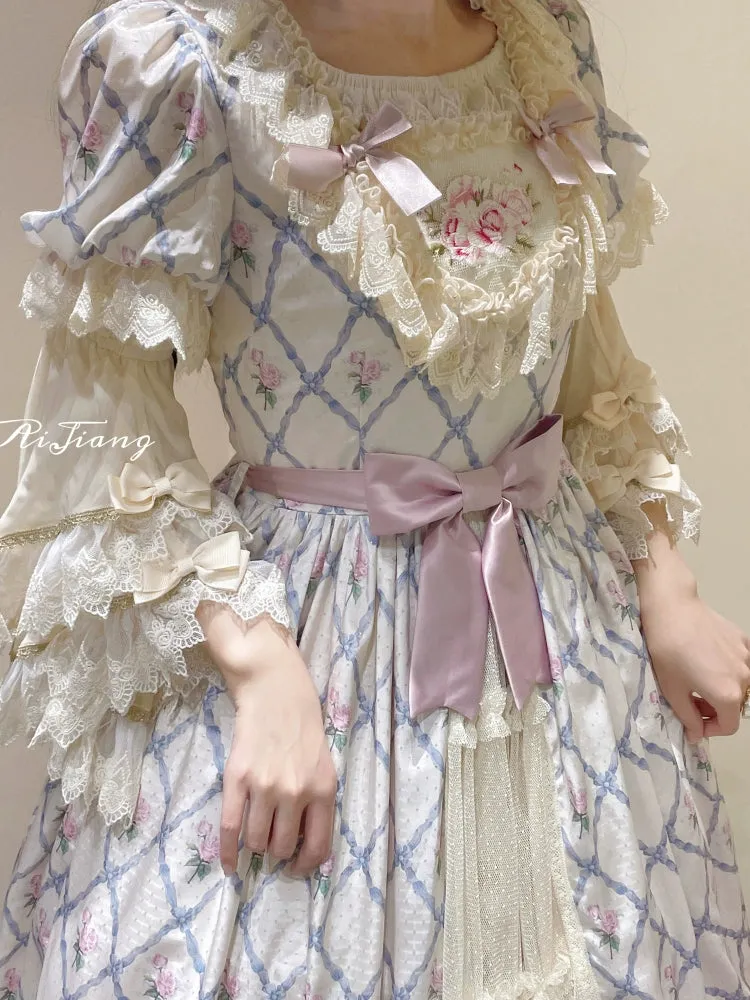 Moon River~Elegant Lolita OP Dress Short Sleeve Square Neckline Print Dress