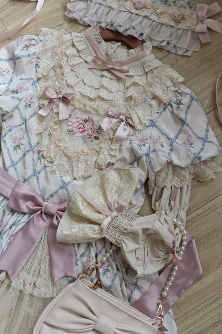 Moon River~Elegant Lolita OP Dress Short Sleeve Square Neckline Print Dress