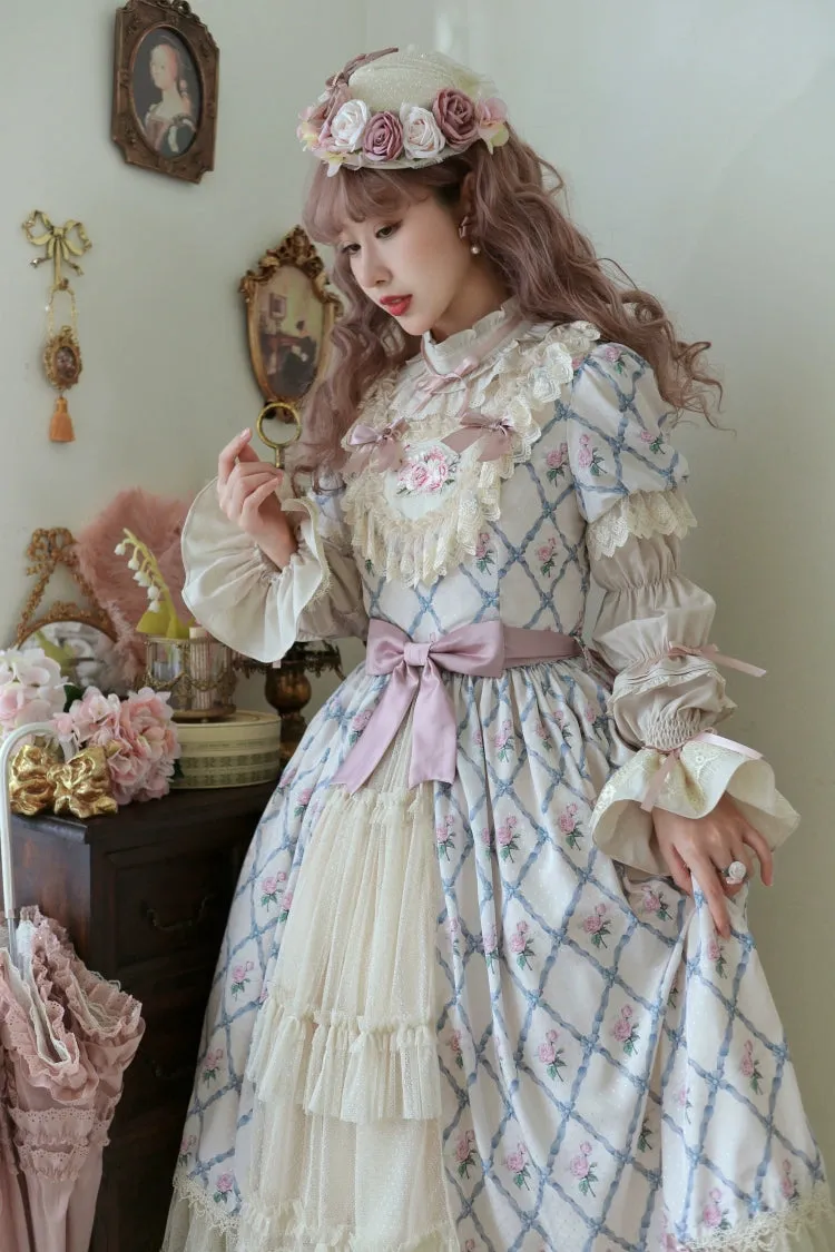 Moon River~Elegant Lolita OP Dress Short Sleeve Square Neckline Print Dress