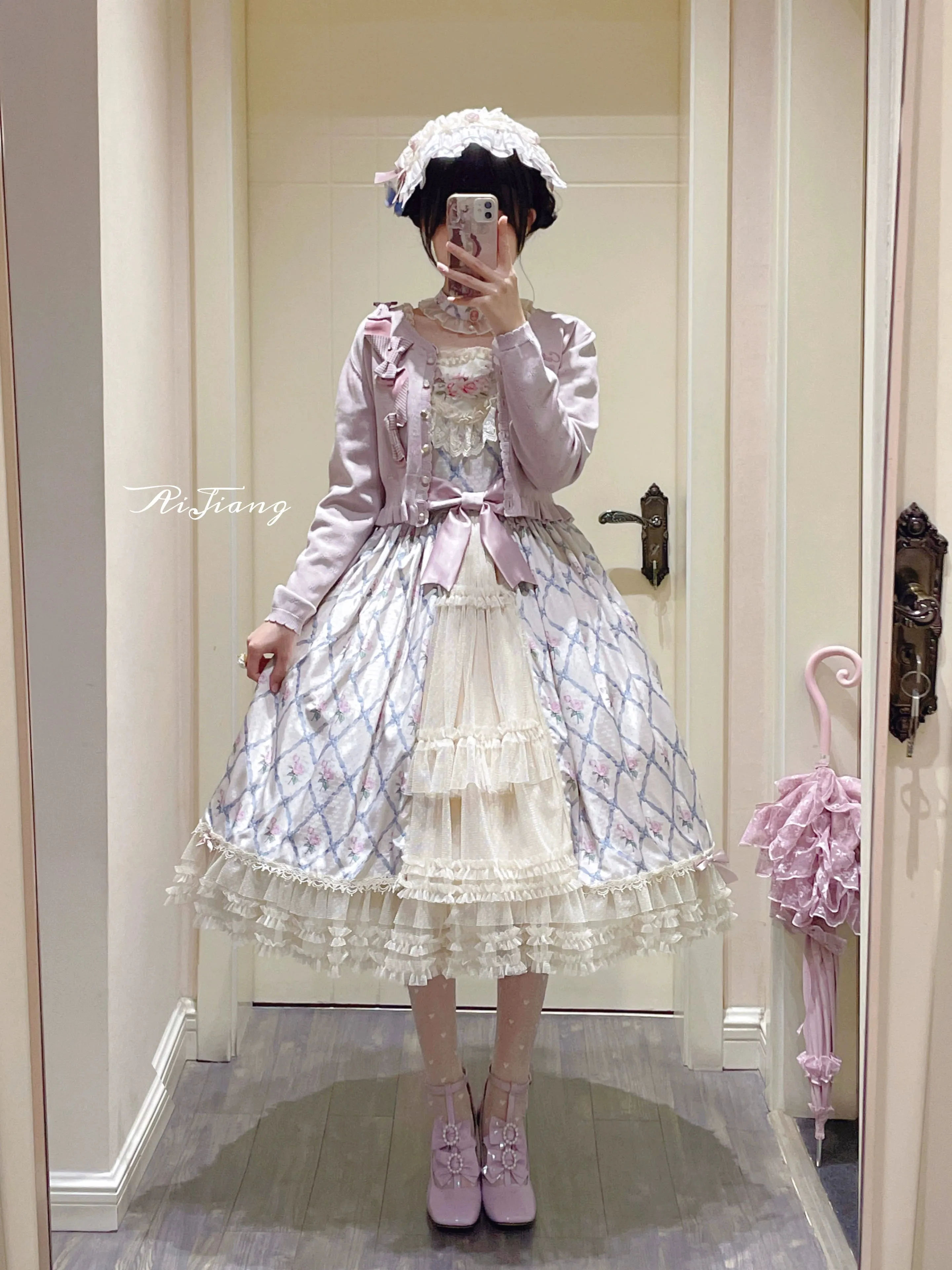 Moon River~Elegant Lolita OP Dress Short Sleeve Square Neckline Print Dress