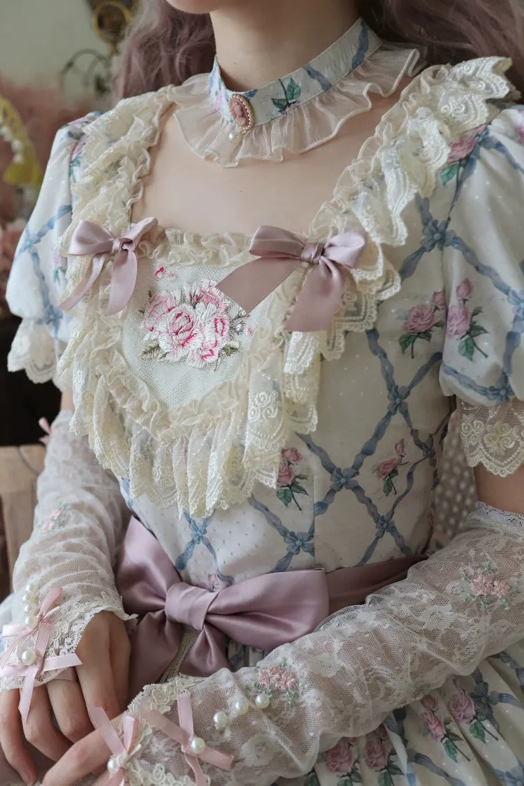 Moon River~Elegant Lolita OP Dress Short Sleeve Square Neckline Print Dress