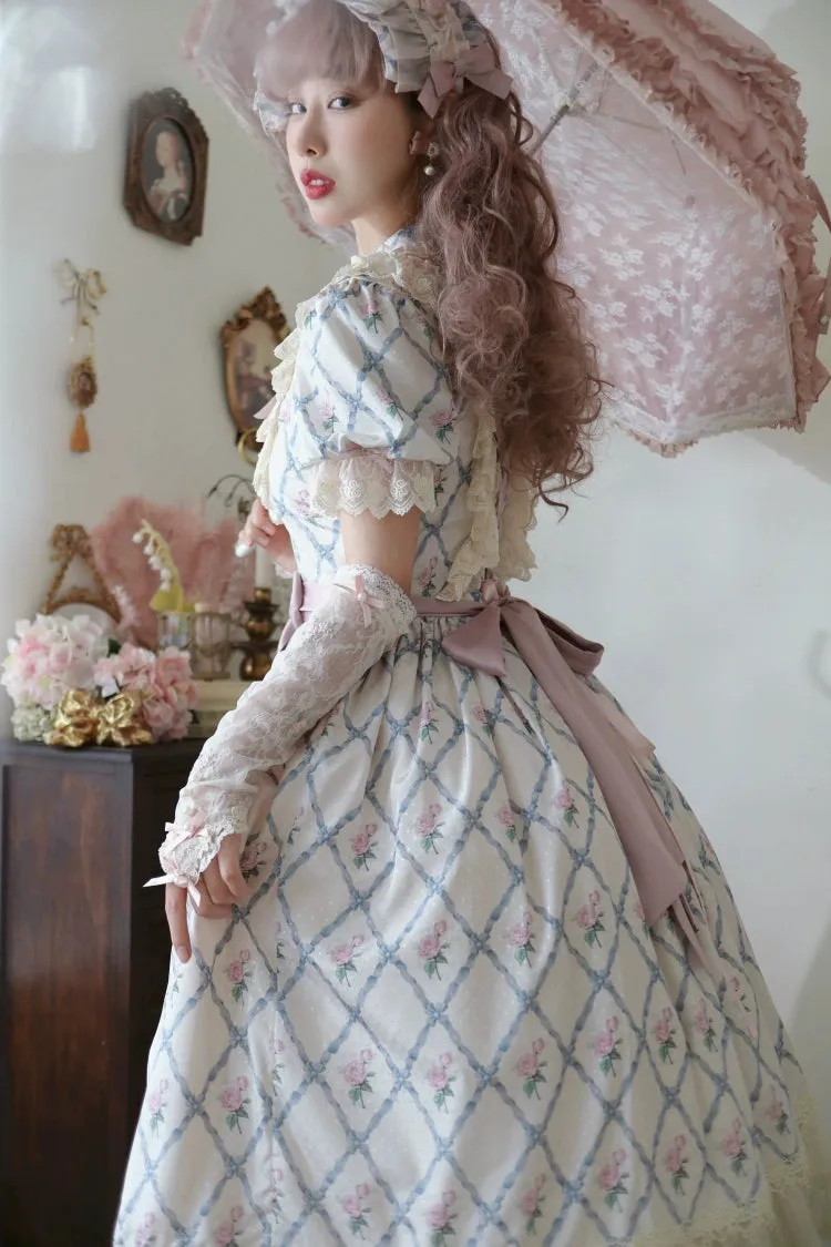 Moon River~Elegant Lolita OP Dress Short Sleeve Square Neckline Print Dress