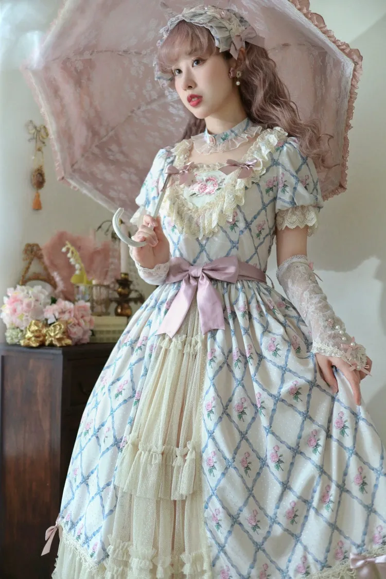 Moon River~Elegant Lolita OP Dress Short Sleeve Square Neckline Print Dress