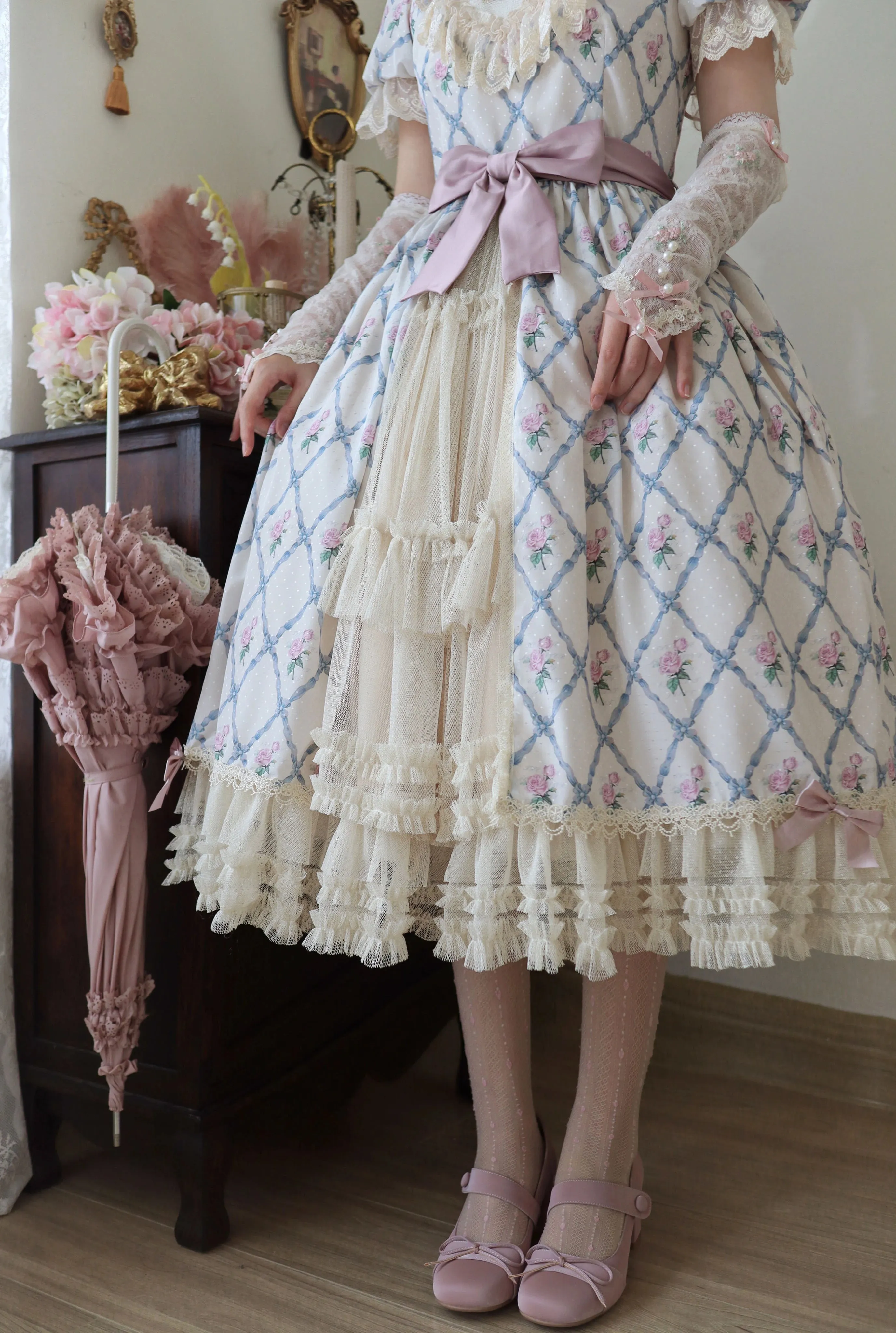 Moon River~Elegant Lolita OP Dress Short Sleeve Square Neckline Print Dress