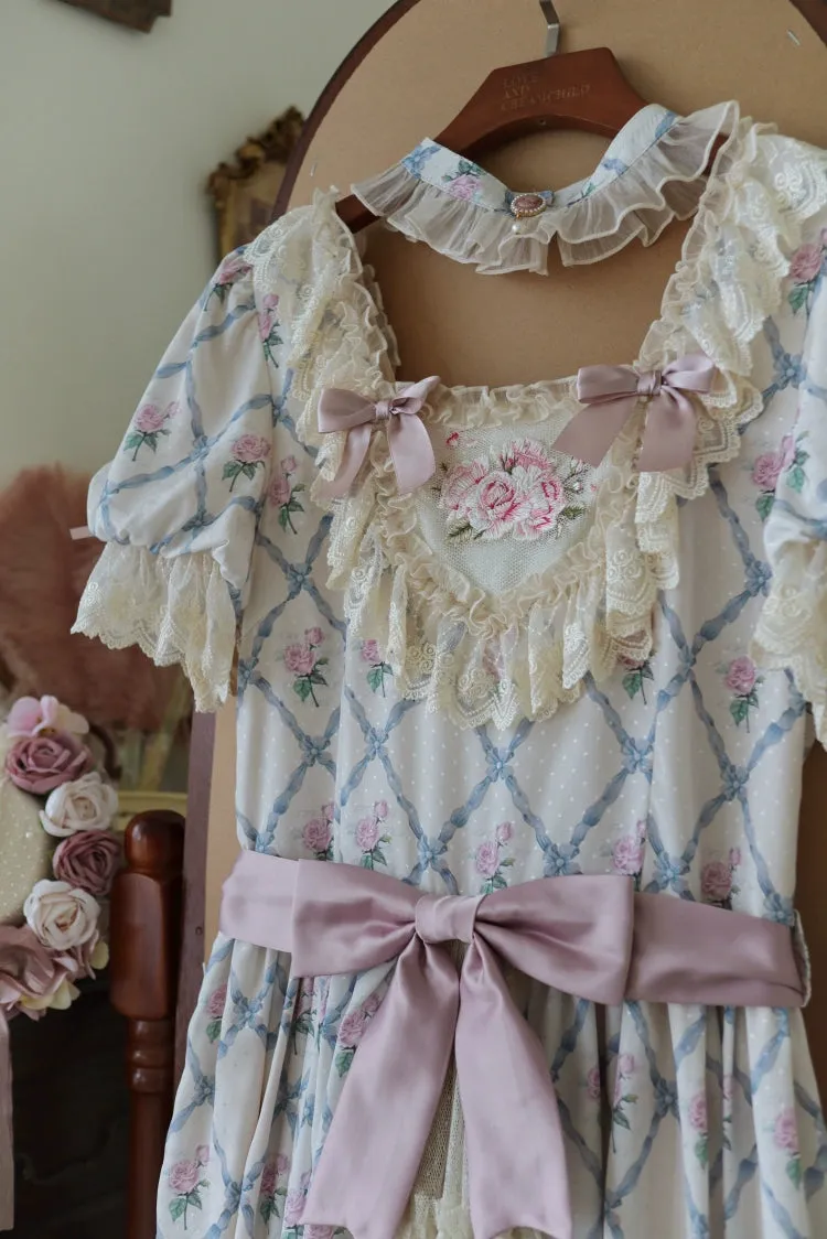 Moon River~Elegant Lolita OP Dress Short Sleeve Square Neckline Print Dress