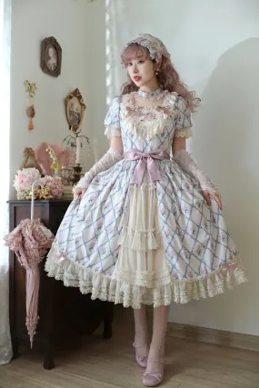 Moon River~Elegant Lolita OP Dress Short Sleeve Square Neckline Print Dress