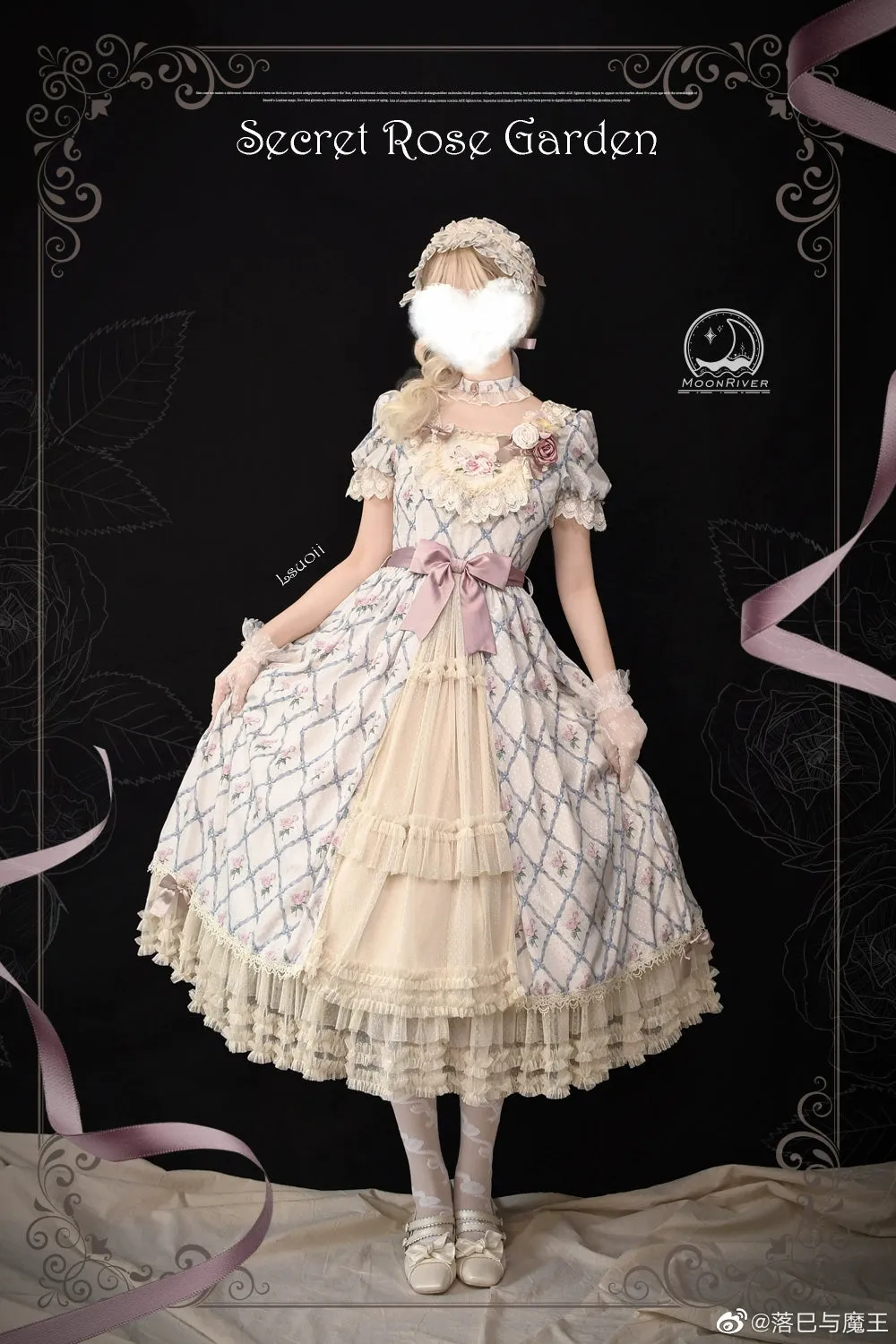 Moon River~Elegant Lolita OP Dress Short Sleeve Square Neckline Print Dress