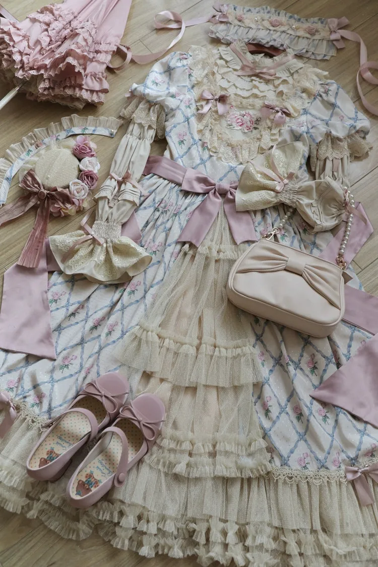 Moon River~Elegant Lolita OP Dress Short Sleeve Square Neckline Print Dress