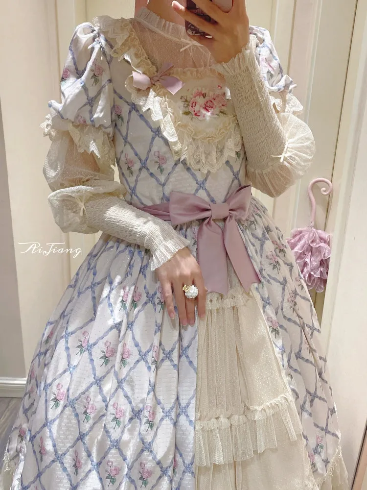 Moon River~Elegant Lolita OP Dress Short Sleeve Square Neckline Print Dress