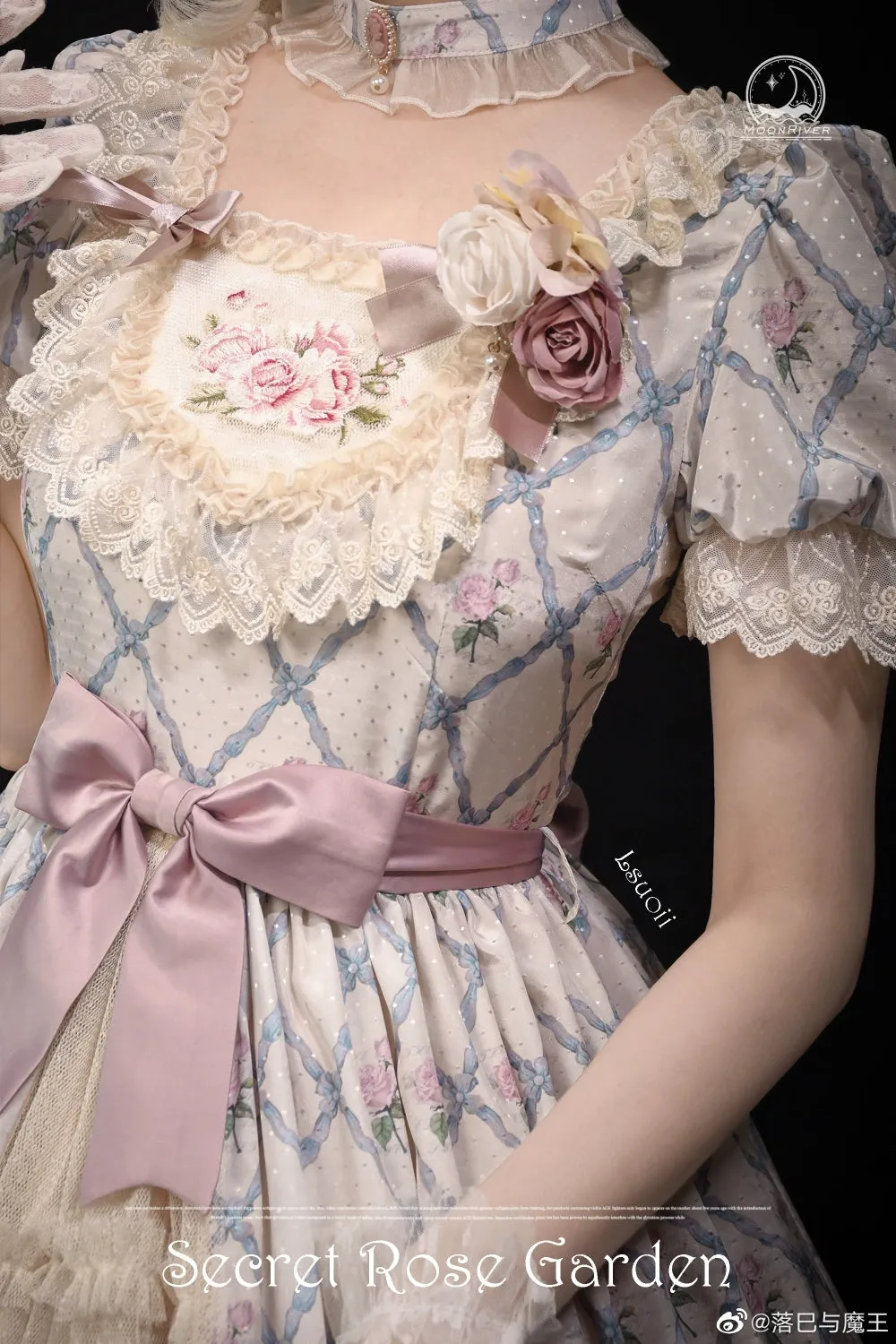Moon River~Elegant Lolita OP Dress Short Sleeve Square Neckline Print Dress