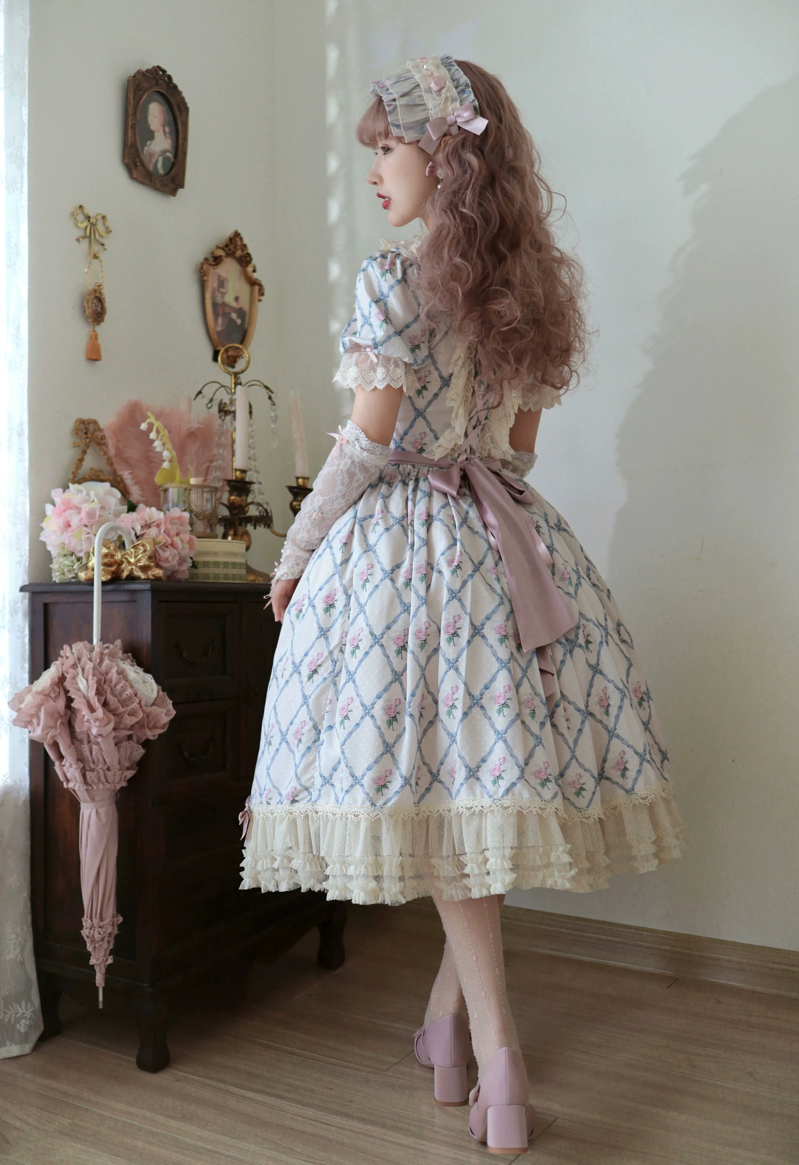 Moon River~Elegant Lolita OP Dress Short Sleeve Square Neckline Print Dress