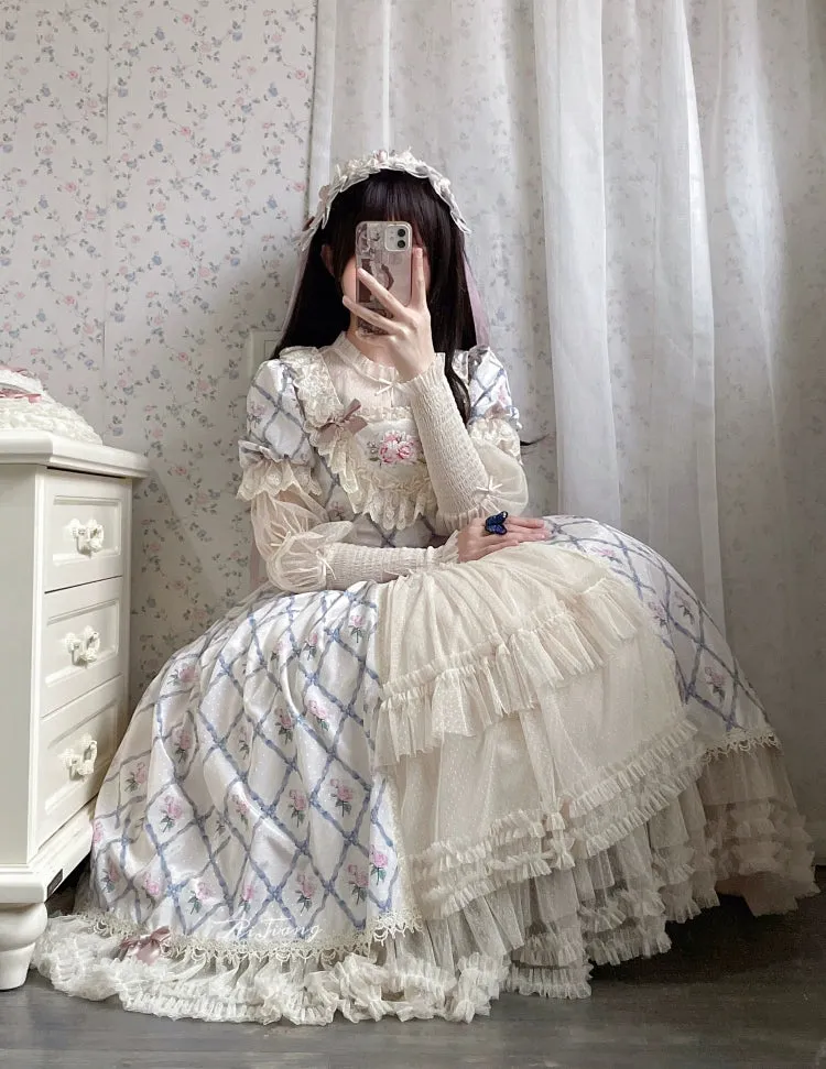Moon River~Elegant Lolita OP Dress Short Sleeve Square Neckline Print Dress