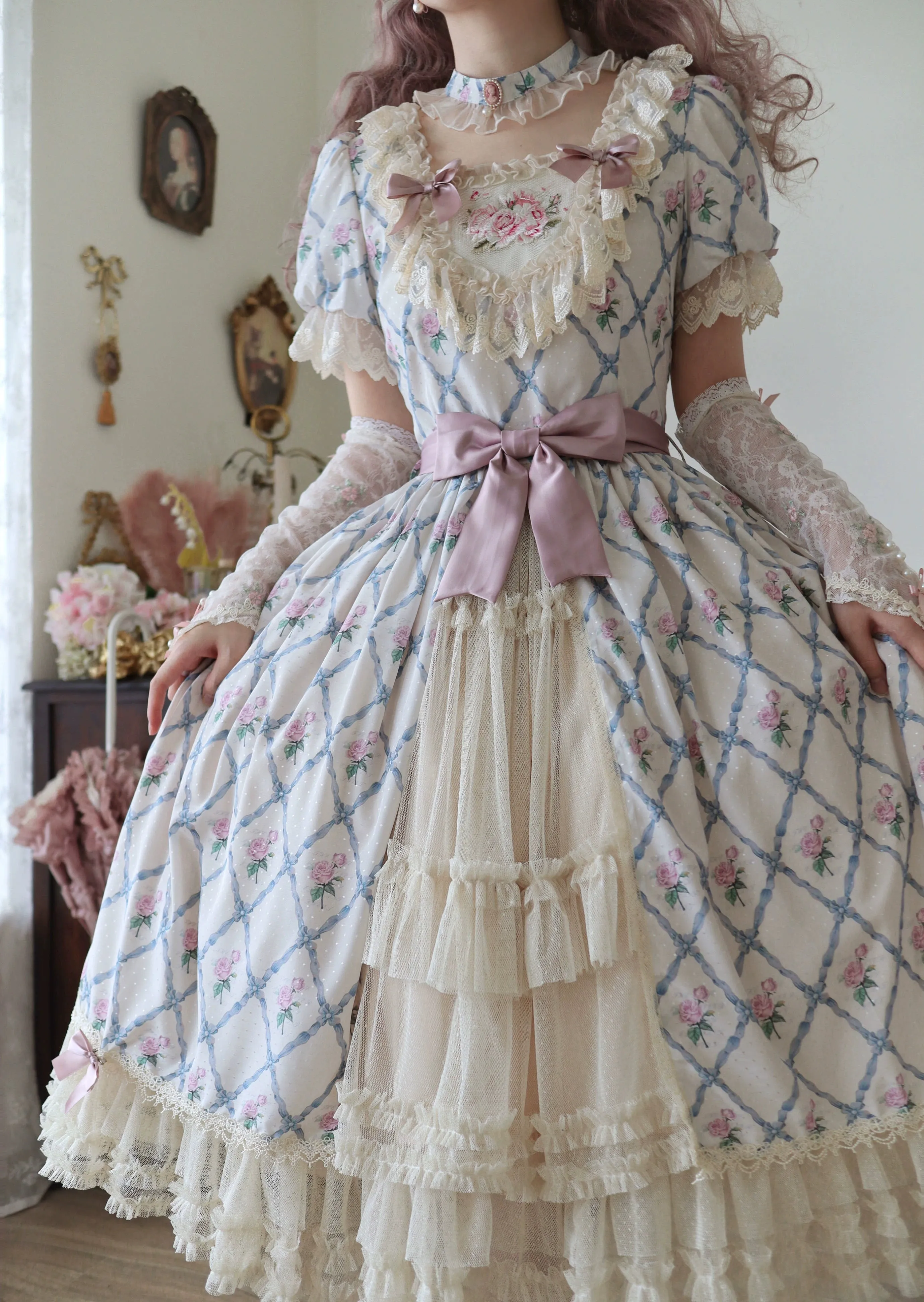 Moon River~Elegant Lolita OP Dress Short Sleeve Square Neckline Print Dress
