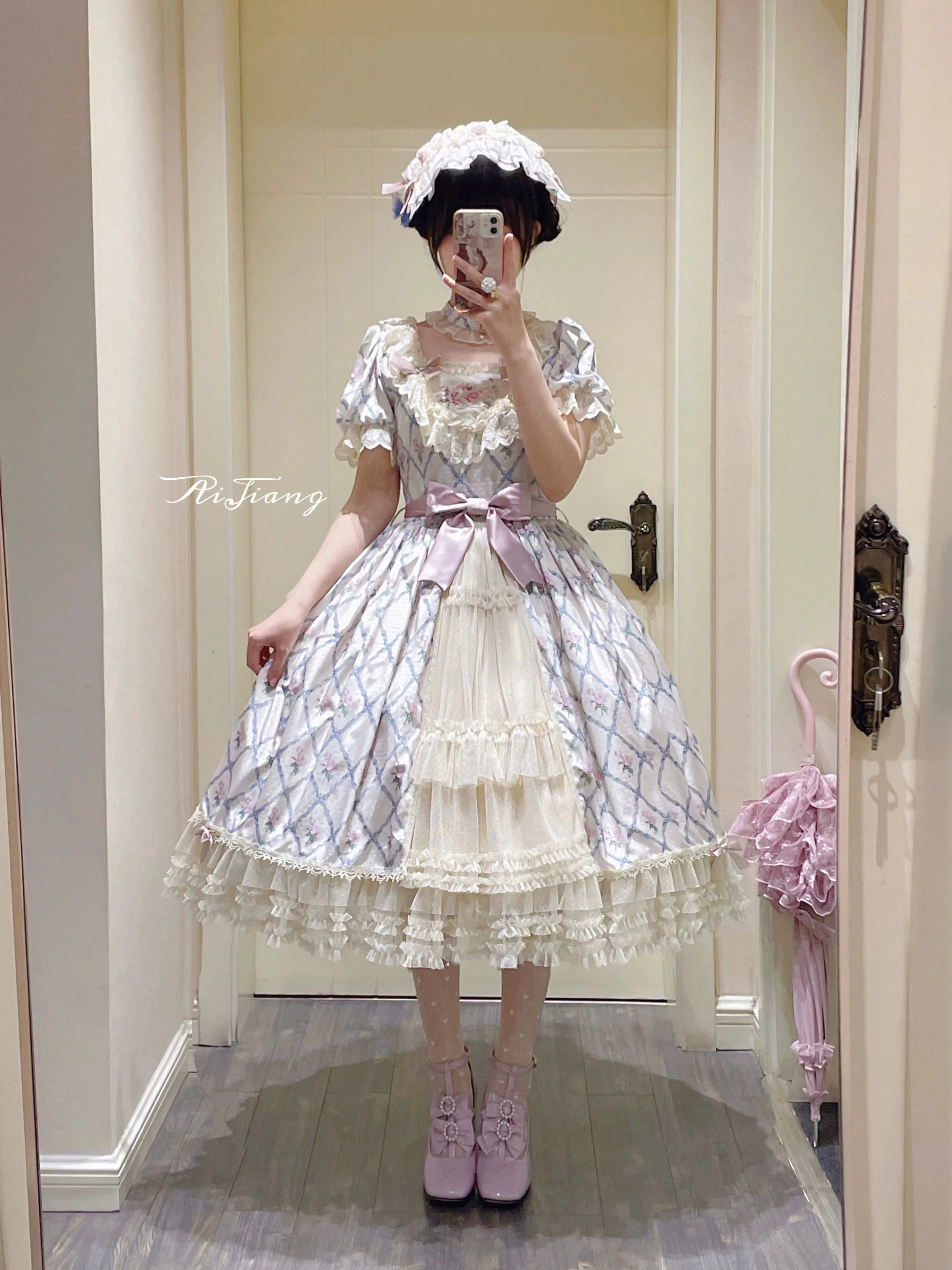 Moon River~Elegant Lolita OP Dress Short Sleeve Square Neckline Print Dress