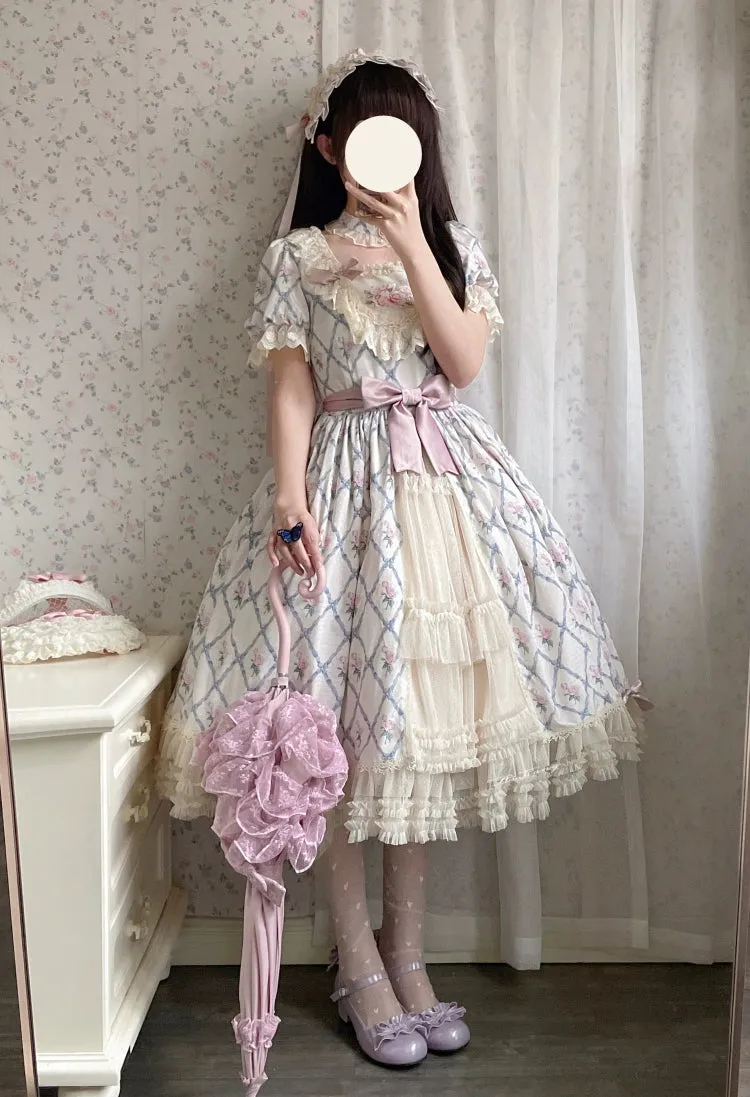 Moon River~Elegant Lolita OP Dress Short Sleeve Square Neckline Print Dress